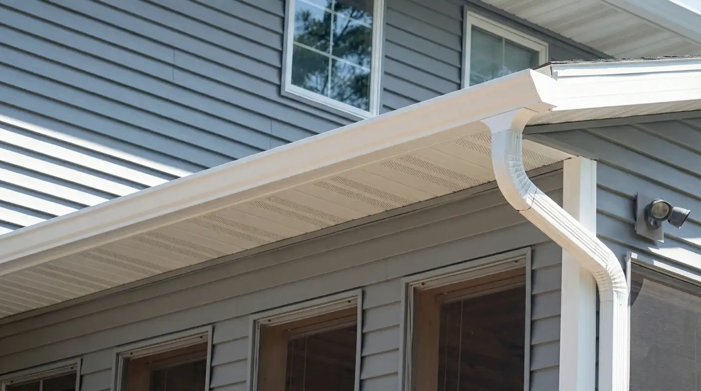 Professional home remodeling project showing newly installed white seamless gutters and downspouts on a house with gray siding in San Antonio, TX