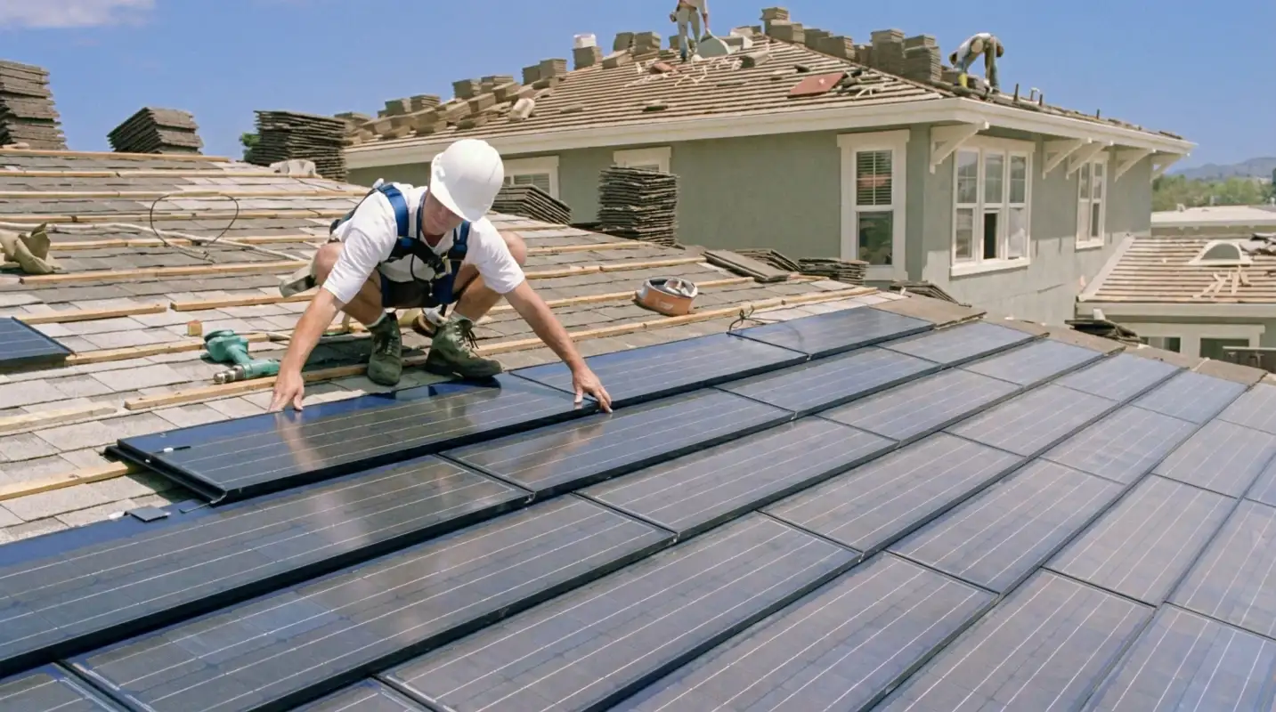Roof replacement expert installing modern solar shingles on a residential home in San Antonio, TX