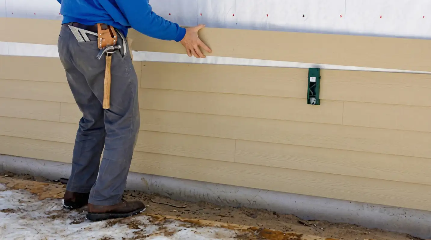Siding replacement expert carefully aligning a new tan siding panel onto a residential exterior wall in San Antonio, TX