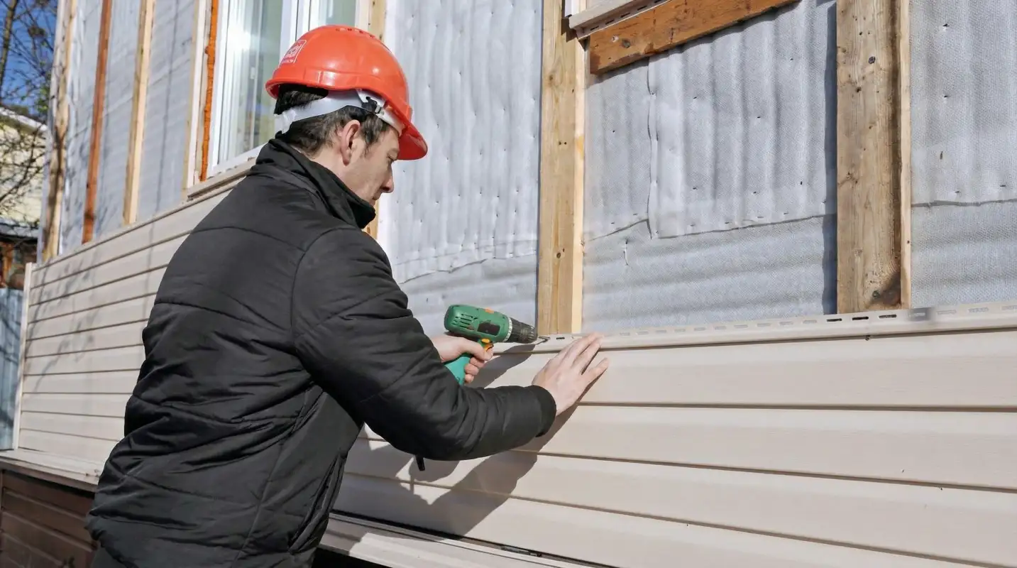 Siding replacement professional using a power drill to install new tan vinyl siding on a home exterior in San Antonio, TX