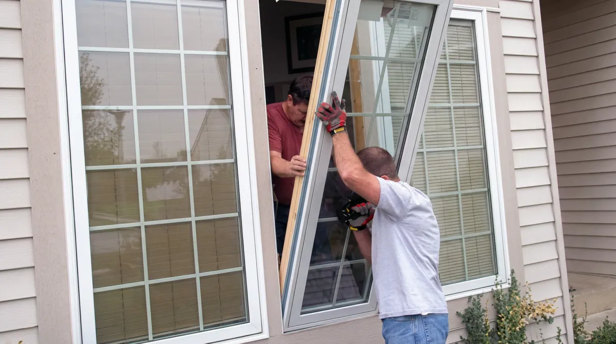 Professional home remodeling team installing a large replacement window on a house with tan siding in San Antonio, TX