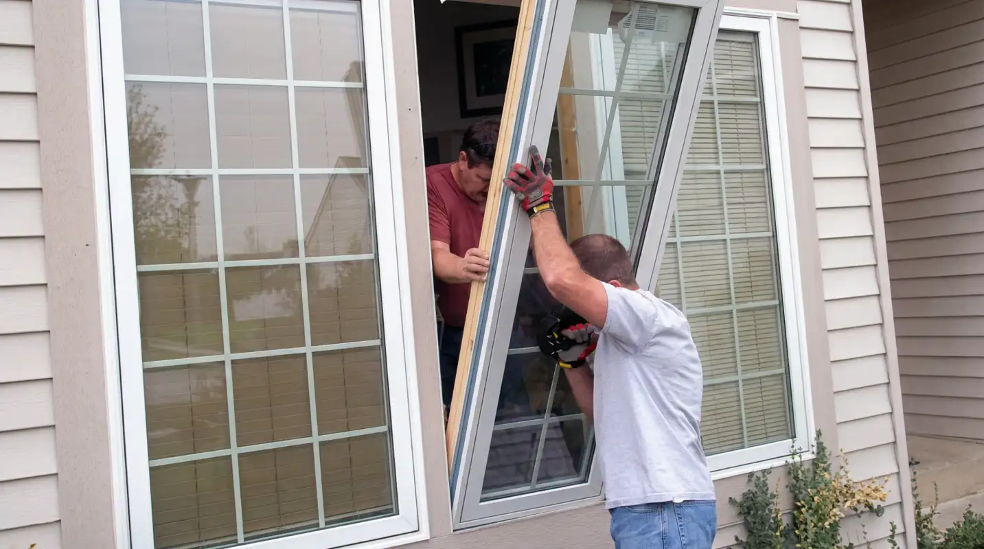 Professional home remodeling team installing a large replacement window on a house with tan siding in San Antonio, TX